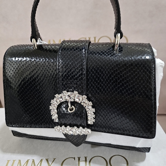 JIMMY CHOOLizard Calfskin Embossed Cheri Top Handle Bag Black - Picture 4 of 4